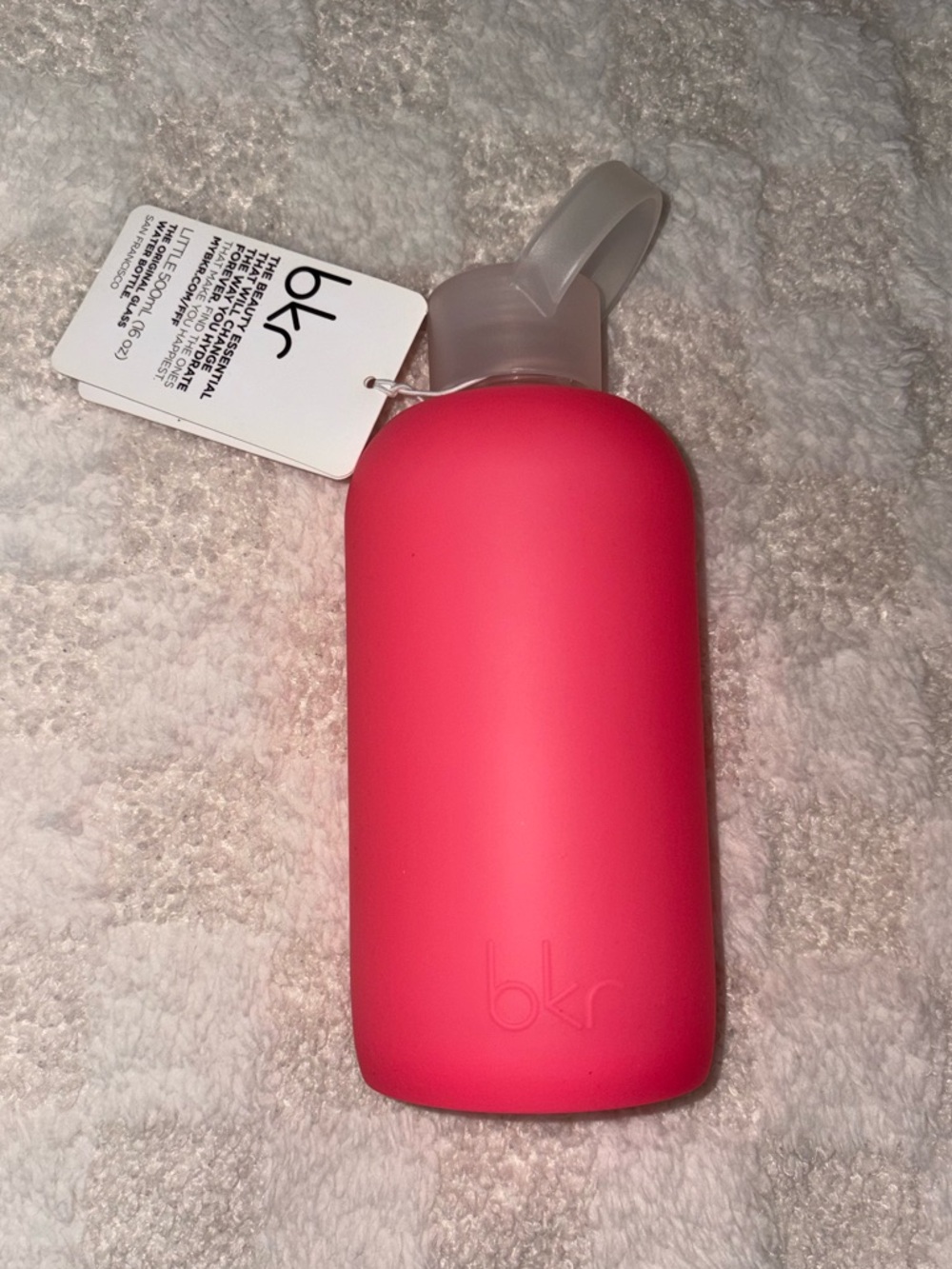 BKR 16 oz. Glass & Silicone Water Bottle in Bright Rosy Pink • New With Tags